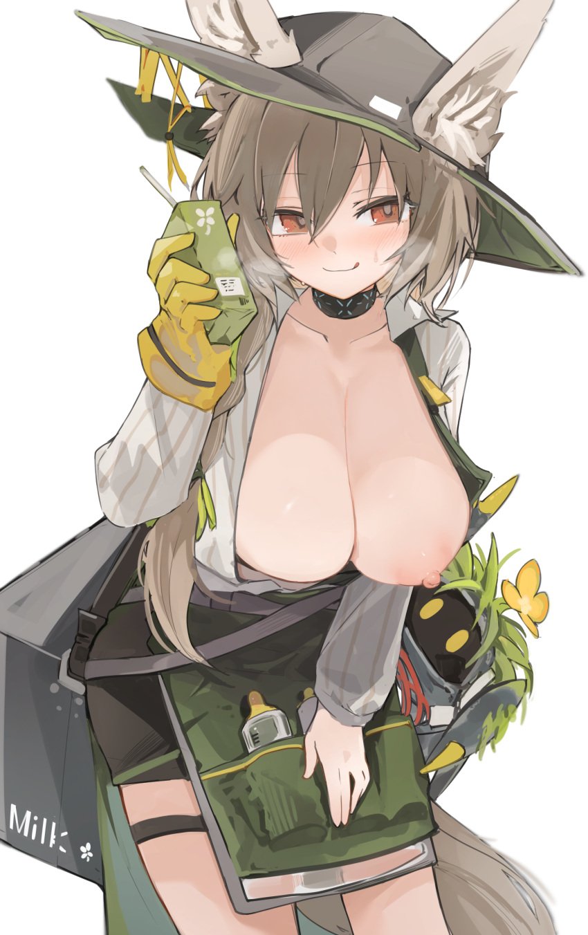 1girls :d alternate_breast_size animal_ears areolae arknights beanstalk_(arknights) big_breasts blush breast_outside breasts exposed_breast female female_only gloves hair_between_eyes half-closed_eyes hat heavy_breathing highres juice_box large_areolae large_breasts midriff mikozin navel nipples open_clothes partially_clothed red_eyes seductive smug solo standing sweatdrop tail tongue_out uniform white_background