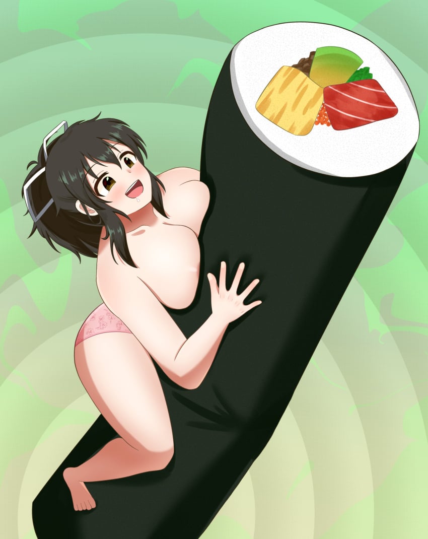 1girls 2022 2d abstract_background asuka_(senran_kagura) blush brown_eyes brown_hair drooling floral_print futomaki_roll giant_food hair_ribbon huge_breasts marvelous mkmagic panties partially_visible_nipples senran_kagura solo sushi