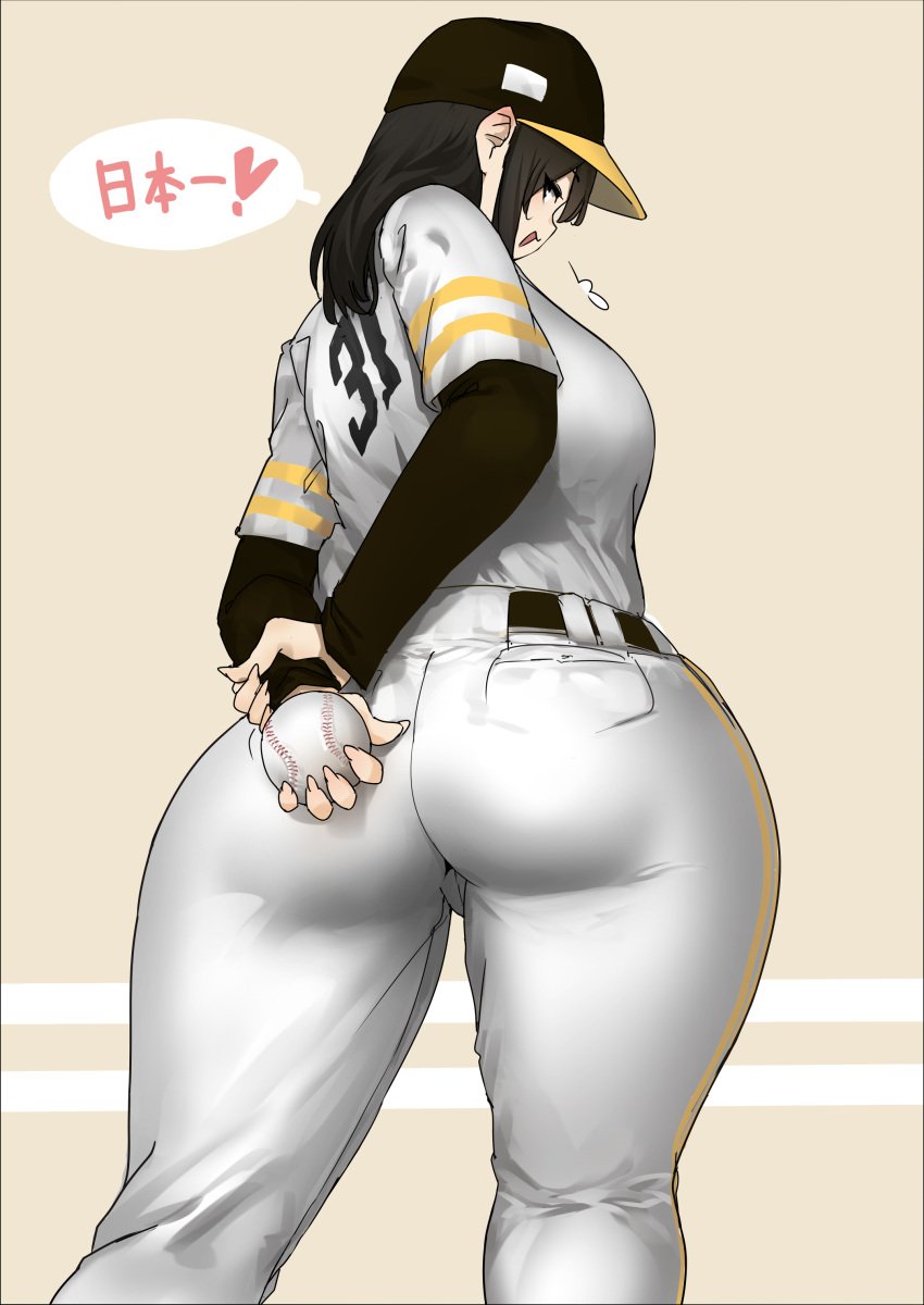 1girls ass baseball baseball_uniform big_ass big_breasts breasts clothed clothing female female_only huge_ass human light-skinned_female light_skin rear_view simple_background solo solo_female standing uru_(uru0000)