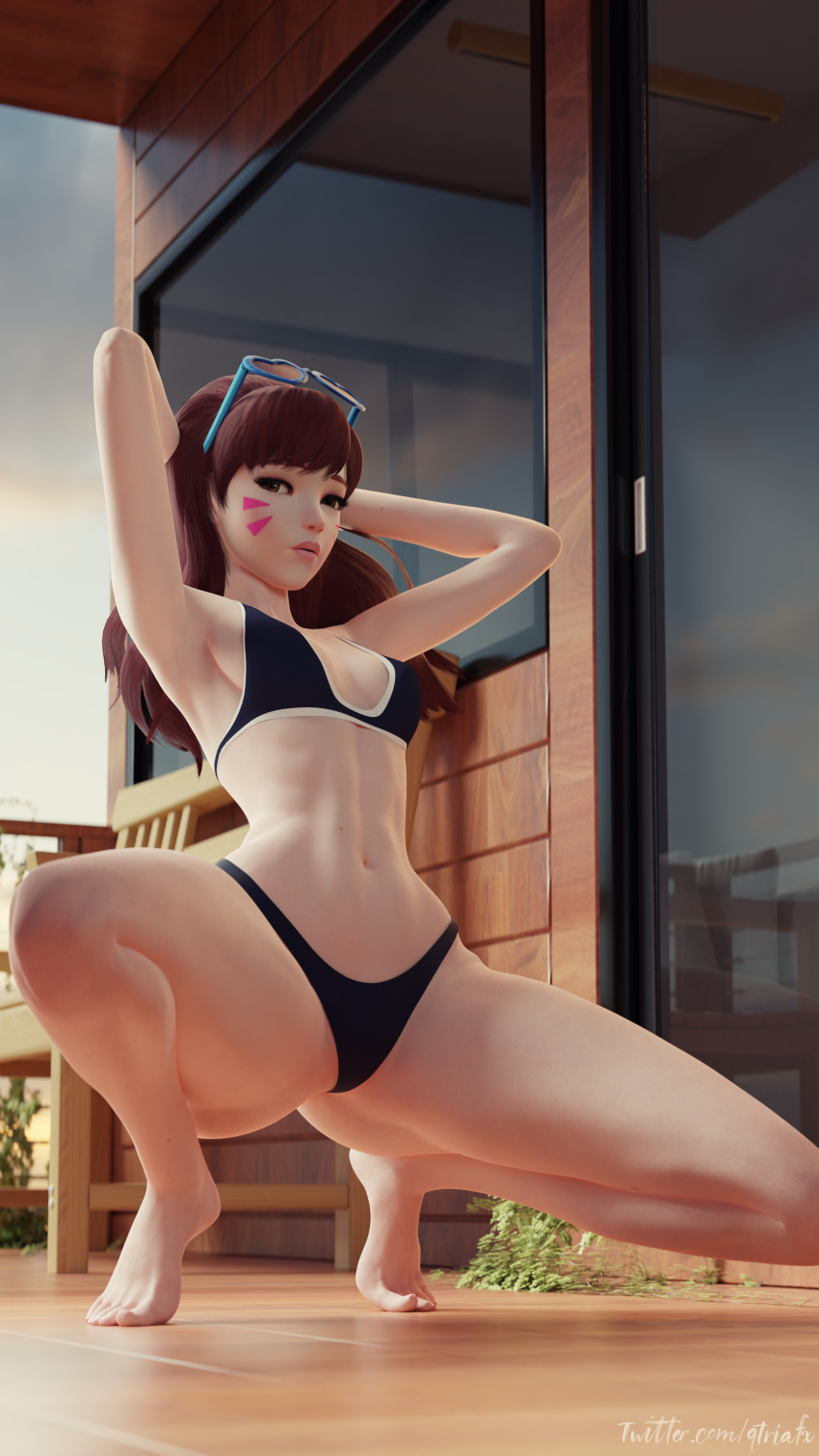 1girls 3d 3d_(artwork) 4k abs alternate_version_available asian athletic_female bare_arms bare_legs bare_shoulders bare_thighs barefoot beauty_mark bikini bikini_bottom bikini_top black_bikini blizzard_entertainment brown_eyes brown_hair burgundy_hair cute d.va eyelashes eyeliner eyeshadow facepaint facial_markings feet female female_focus female_only fit_female fringe glasses glasses_on_head hana_song korean long_hair looking_at_viewer medium_breasts overwatch pale-skinned_female pale_skin petite qtria seductive_look sideboob slim solo solo_female solo_focus squatting sunglasses sunglasses_on_head teenager thick_thighs toned_female whisker_markings