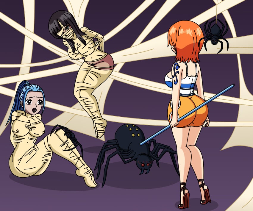 animal ass blindfold blindfolded bondage bubble_butt bug chakoozie cocoon embarrassed embarrassed_nude_female female female_focus gag gagged game_over helpless insects nami nefertari_vivi nico_robin nipple_bulge one_piece pokies pre-timeskip spider spiderweb suspension web web_bondage web_gag webbed