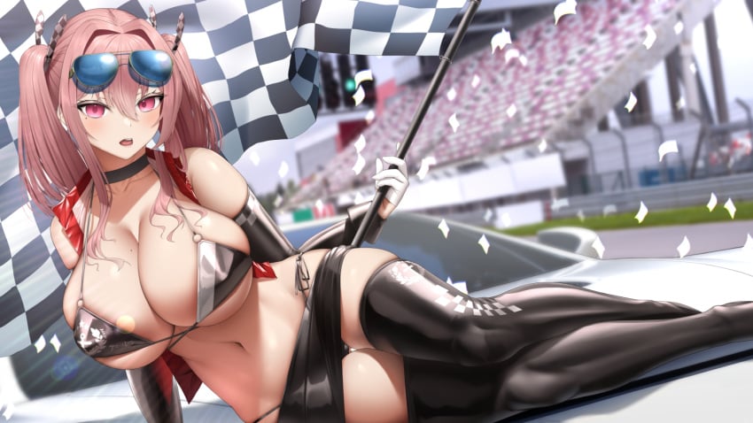 1girls 2022 azur_lane beauty_mark belly_button bikini black_bikini black_thighhighs blurry_background breasts bremerton_(azur_lane) car checkered_flag cleavage female female_only flag fouriasensei hair_ornament hips holding_object huge_breasts light_blush long_legs looking_at_viewer lying_on_side medium_hair mole_on_breast mole_under_eye open_mouth pink_eyes pink_hair race_queen red_vest short_skirt side-tie_bikini skindentation skirt sleeveless slim_waist sunglasses sunglasses_on_head thick_thighs thighhighs thighs twintails vest white_car wide_hips