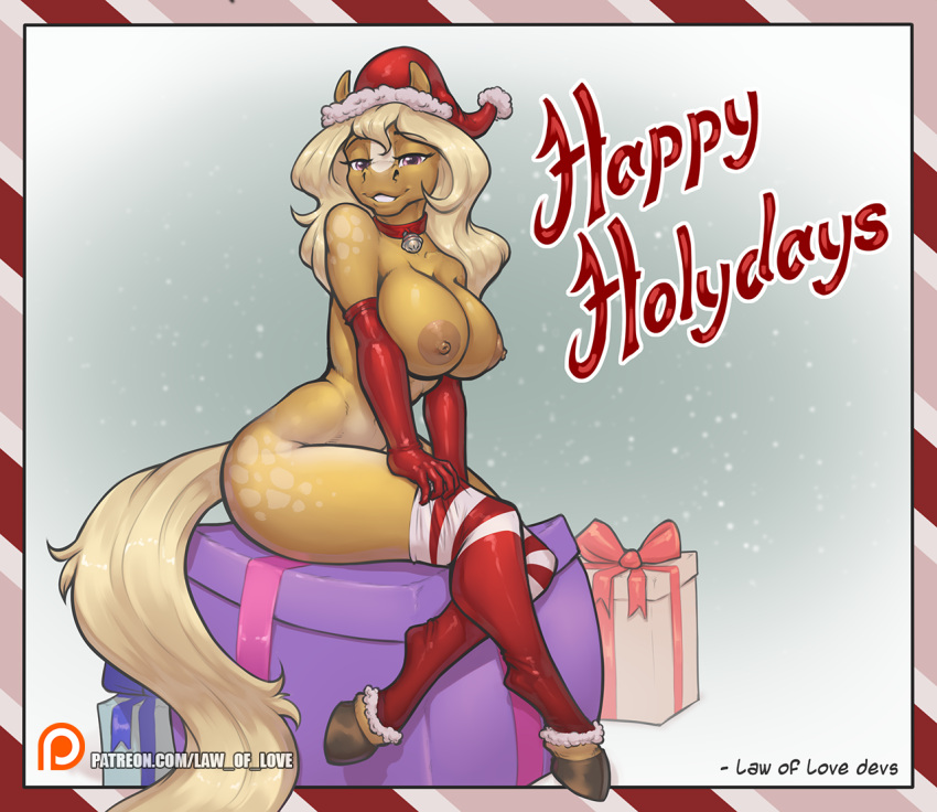 anthro big_breasts breasts christmas christmas_clothing christmas_headwear clothing collar collar_with_bell equid equine female footwear hair headgear headwear holidays horse law_of_love legwear lingerie looking_at_viewer mammal mary_(law_of_love) pattern_clothing pattern_footwear pattern_legwear pattern_socks pinup pose reaper3d sitting smile socks solo striped_clothing striped_footwear striped_socks stripes