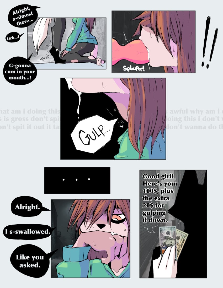 absurd_res anthro bodily_fluids brown_body brown_fur brown_hair canid canine canis clothing comic cum cum_in_mouth cum_inside desperation dialogue domestic_dog downcast_eyes drinking drinking_cum duo ejaculation english_text fellatio female fur genital_fluids genitals good_girl gulp hair hi_res homeless_dog leaking_cum looking_away male male/female mammal messy_hair oral penile penis ponporio_(artist) prostitution ragged_clothing sex swallowing text torn_clothing white_body white_fur wiping_cum wiping_mouth