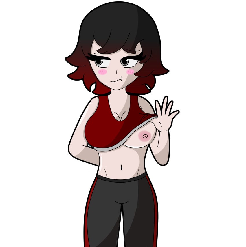 alternate_version_available black_and_red_hair blush breasts breasts_out flashing flashing_breasts grapeice gray_eyes gym_clothes lifted_shirt lifted_top original_character red_clothing red_hair self_upload shirt_lift sweatpants tagme