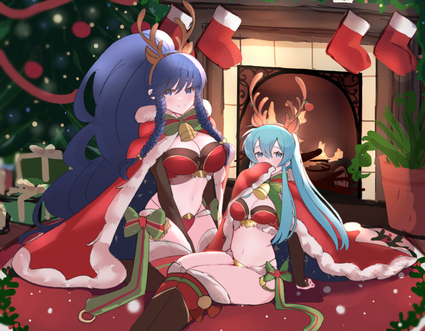 2girls alternate_costume antlers bell black_gloves blue_hair blurry blurry_background blush boots bow box braid breasts bridal_gauntlets cape chimney christmas christmas_lights christmas_ornaments christmas_outfit christmas_tree cleavage cosplay covering_mouth eirika_(fire_emblem) embarrassed fake_antlers female_only fire_emblem fire_emblem:_the_sacred_stones fire_emblem_awakening fire_emblem_heroes firewood fur_trim gift gift_box gloves highres indoors juneplums knee_boots large_breasts long_hair looking_at_viewer medium_breasts merry_christmas midriff multiple_girls navel nintendo panties red_cape red_panties reindeer_antlers revealing_clothes santa_costume side_braids tana_(fire_emblem) tharja_(fire_emblem)_(cosplay) thighhighs twin_braids very_long_hair