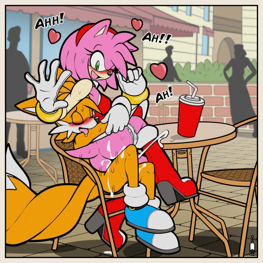 <3 1:1 2d age_difference ambiguous_penetration amy_rose anthro anthro_penetrated anthro_penetrating ardan_norgate arms_up bedroom_eyes big_ass blush blushing bodily_fluids border canid canine canis casual closed_eyes closed_fist clothed clothed_sex clothing color cum cum_in_pussy cum_inside cum_leaking cum_on_ass cum_string eulipotyphlan exhibitionism exposed_torso eyes_closed female female_penetrated footwear fox fur furry genital_fluids gloves green_eyes handwear headband heart hedgehog hi_res hug hugging hugging_from_behind looking_pleasured loving_it male male/female male_penetrating male_penetrating_female mammal medium_breasts miles_prower moaning mostly_nude narrowed_eyes older_female one_eye_closed open_mouth orange_body orange_fur orgasm orgasm_face panties_down pants_down penetration pink_body pink_fur public public_sex reverse_cowgirl_position sega sex short_hair skirt skirt_lift smile sonic_(series) sonic_the_hedgehog_(archie) sonic_the_hedgehog_(comics) sonic_the_hedgehog_(series) tail tails text tongue tongue_out upskirt wide_hips yellow_border younger_male