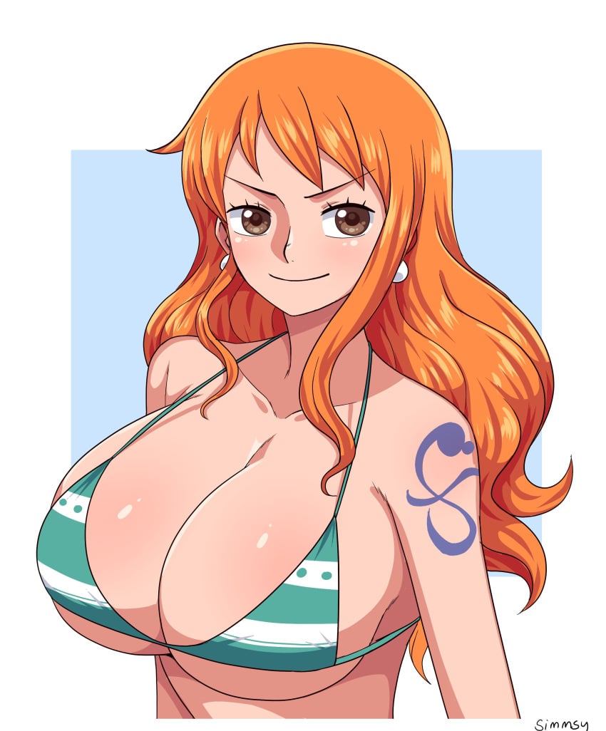 1girls 2022 artist_signature barely_contained bikini bikini_top breasts brown_eyes bust_portrait cleavage female female_only huge_breasts long_hair nami one_piece orange_hair shoulder_tattoo shounen_jump simmsy simple_background smile solo solo_female striped_bikini tattoo