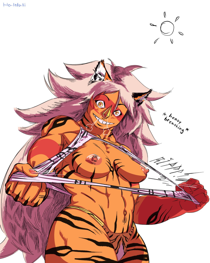 1girls abs big_breasts cartoon_network haloluli heart-shaped_pupils heavy_breathing humanoid jasper_(steven_universe) long_hair looking_at_viewer muscles muscular muscular_female steven_universe tiger_print year_of_the_tiger