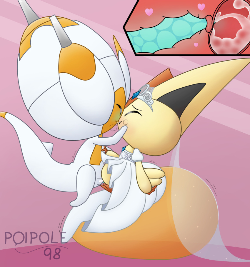 balloon big_ears bodily_fluids clothing crown cum dress duo female furry genital_fluids genitals hi_res inflatable legendary_pokémon male male/female naughtypoi needle_(disambiguation) nintendo penis poipole pokémon_(species) pokemon pokemon_only tail tiara ultra_beast uterus veil victini video_games wedding_dress wedding_veil