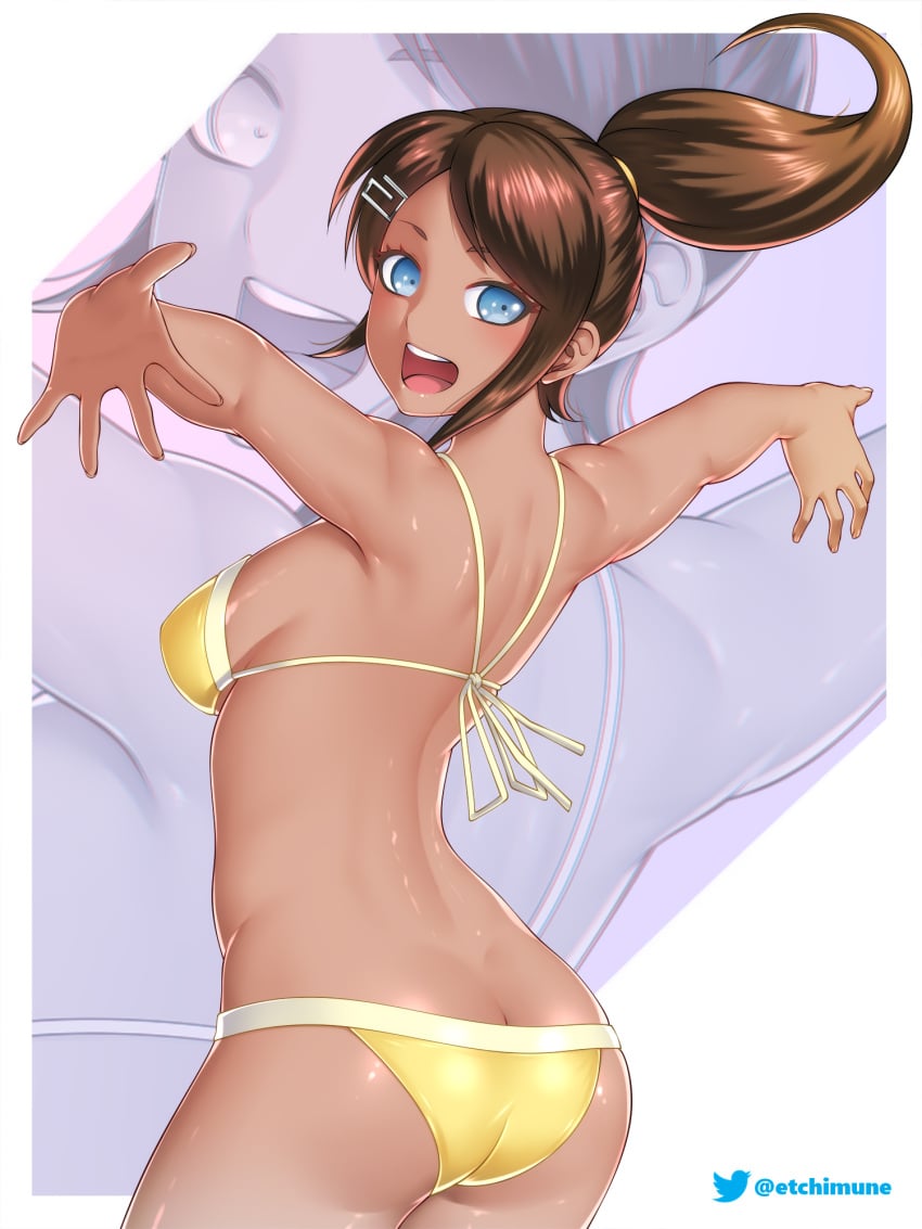 1girls arms_out asahina_aoi ass_cleavage bikini blue_eyes brown_hair butt_crack danganronpa danganronpa_1 dark-skinned_female etchimune female female_only fit happy medium_breasts ponytail sideboob straight_hair tan tan_skin yellow_bikini