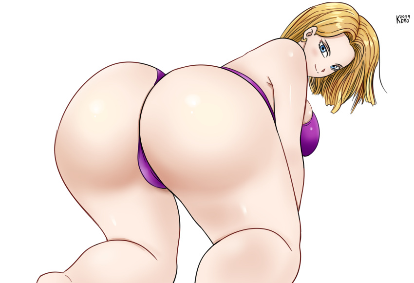 1girls android_18 ass big_ass big_butt blonde_hair blue_eyes dragon_ball dragon_ball_z eye_contact female gummslime kero2099 looking_at_viewer micro_bikini short_hair solo thick_thighs thighs