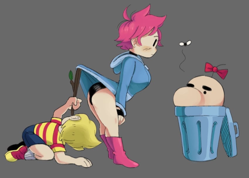 ass bike_shorts boots choker female fingerless_gloves kumatora lifting_skirt lucas mob_face mother_(series) mother_3 oblivious panties peeking pink_hair short_hair tagme underwear upskirt yaglon