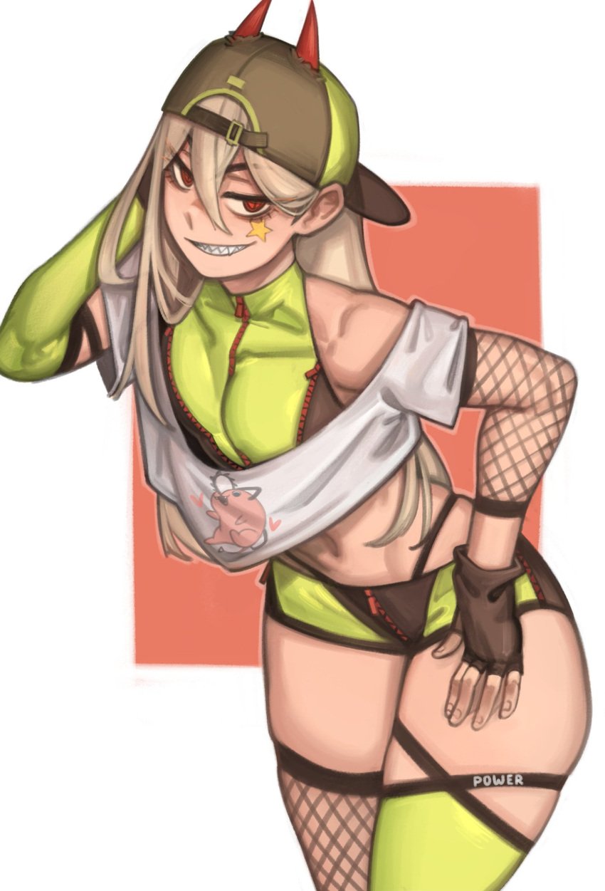 1girls blonde_hair chainsaw_man demon female female_only fishnets flat_chest flat_chested fully_clothed hat horn horns kelvin_hiu power_(chainsaw_man) sharp_teeth shorts solo solo_female solo_focus stockings thick_thighs true_flat_chest