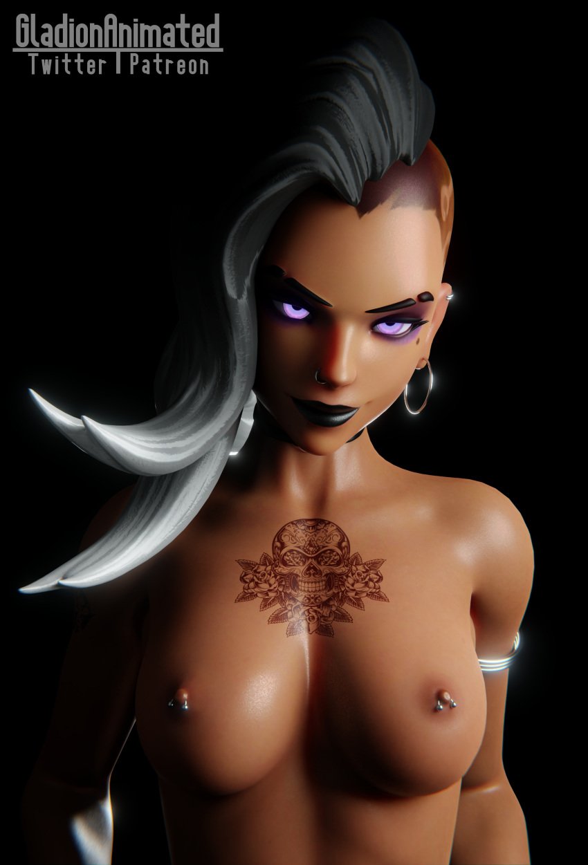 1girls 3d 3d_(artwork) athletic_female black_hair black_lipstick blender blender_(software) blizzard_entertainment choker earrings exposed_breasts exposed_nipples eye_contact fit_female gladionanimated goth human jewelry latina looking_at_viewer mexican necklace nipple_piercing nipples noche_sombra nose_piercing nose_ring overwatch overwatch_2 petite piercing portrait purple_eyes ring seductive seductive_eyes seductive_look seductive_smile shaved_side sidecut simple_background solo solo_female solo_focus sombra tattoo tattoos two_tone_hair white_hair