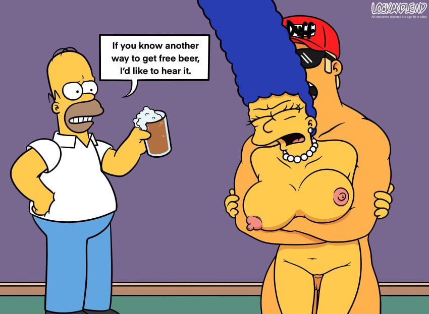 1girls 20th_century_fox 20th_century_studios 2boys alcohol arms_crossed artist_name bald bald_male beer beer_mug big_breasts blue_hair blue_pants breasts cheating cheating_wife closed_eyes clothed clothed_male_nude_female clothed_male_nude_male clothing cuckold dialogue duffman eyelashes female glasses hat holding_beer_mug homer_simpson human human_on_human indoors lockandlewd looking_at_another male male/female mammal marge_simpson mature mature_female mature_male nipples nude nude_female nude_male open_mouth penis_in_pussy red_hat sex shirt straight straight_sex sunglasses text text_box text_bubble the_simpsons white_shirt yellow_skin
