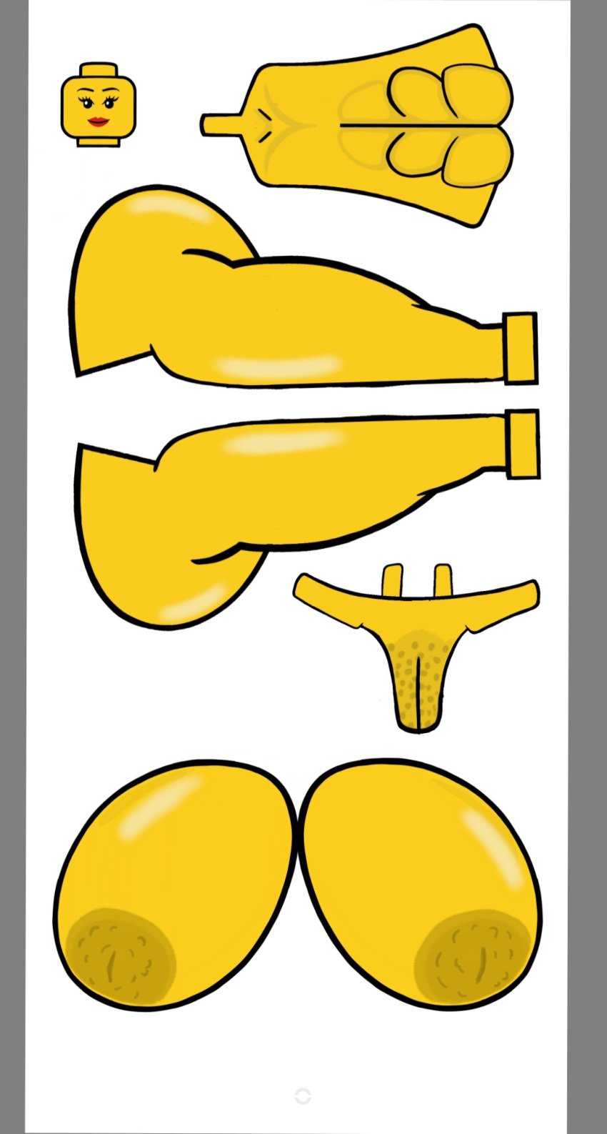 1female abs almakhadie almakhadie_(artist) belly breasts bumpy_areola character darkened_areola female hyper hyper_breasts hyper_thighs lego lego_anatomy legs lips massive_thighs red_lips shaved_pussy toy voluptuous voluptuous_female yellow_skin