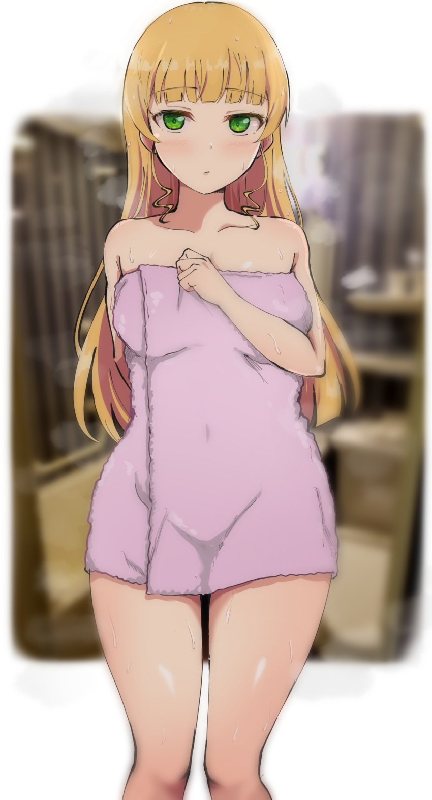 after_shower bare_arms bare_legs bare_shoulders bare_thighs blonde_hair blush body_blush breasts closed_mouth collarbone green_eyes groin heanna_sumire indoors long_hair love_live! love_live!_superstar!! medium_breasts naked_towel shiny_skin standing thighs towel towel_only wet_body wet_hair wewe