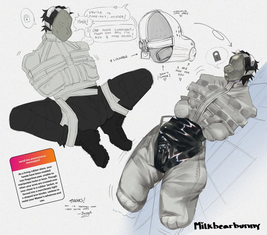 andromorph anthro bear binder_(restraint) bondage bondage_gear boots bunny_(milkbearbunny) clothing cuntboy dialogue drone dronesuit english_text footwear genitals hi_res intersex legbinder mammal mask milkbearbunny pussy restrained restraints shoes simple_background solo speech_bubble spread_legs spreading straitjacket submissive submissive_anthro text white_background