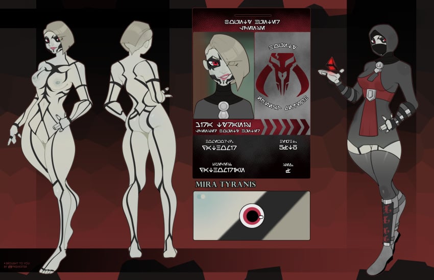 alien alien_humanoid anthro arm_tattoo ass aurebesh_text back_tattoo belly_tattoo bounty_hunter butt_tattoo character_cipher dathomirian facial_tattoo female freakster grey_hair hair hi_res holocron humanoid id_card leg_tattoo mira_tyranis model_sheet night_sister nude nude_female red_eyes sith sith_holocron solo star_wars tattoo text zabrak