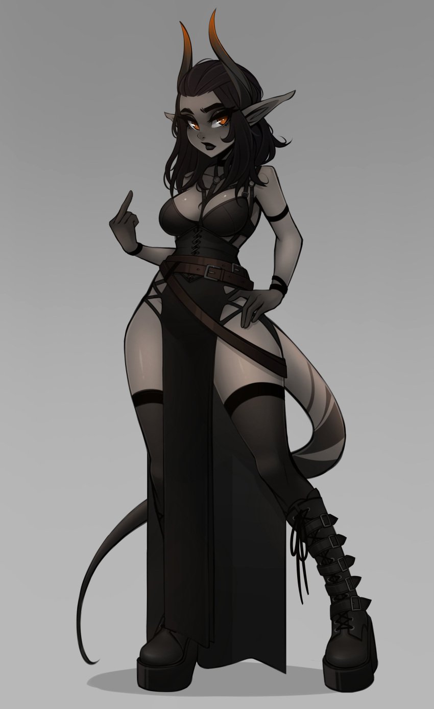 1girls belt black_dress black_hair black_lips black_thighhighs boots choker cleavage clothed demon_girl dress female full_body genderswap_(mtf) goth goth_girl grey_background grey_skin hip_vent knee_boots long_pointy_ears medium_breasts middle_finger midriff multiple_belts narrow_waist navel orange_eyes pelvic_curtain platform_boots pointy_ears rule_63 solo tail the_invitation_(comic) thick_eyebrows thighhighs variant_set william_loving_iii_(incase) zackargunov