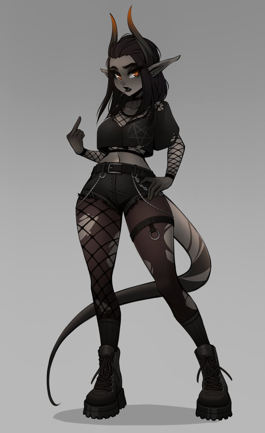 1girls black_hair black_lips black_shorts boots choker combat_boots crop_top cutoffs demon_girl denim_shorts female fishnet_legwear fishnet_sleeves fishnet_top fishnets full_body genderswap_(mtf) goth goth_girl grey_background grey_skin hotpants long_pointy_ears medium_breasts middle_finger midriff narrow_waist navel orange_eyes pointy_ears rule_63 single_thighhigh solo tail the_invitation_(comic) thick_eyebrows torn_pantyhose variant_set william_loving_iii_(incase) zackargunov