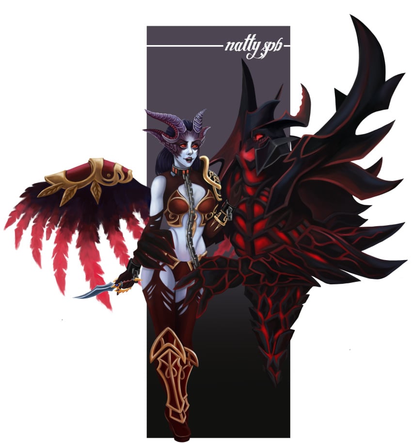 1boy 1boy1girl 1girls 2010s 2015 2d alternate_costume armor armored_boots artist_name black_hair blue_skin captured chain_leash chains choker collar couple dagger demon demon_girl dota_2 english_text feathered_wings feathers female full_body knife landing_strip leash leash_pull leashed_collar looking_at_another love male medium_hair metal_collar monster natty.spb pauldron queen_of_pain red_eyes red_lipstick shadow_fiend simple_background skimpy_armor straight tagme valve wings