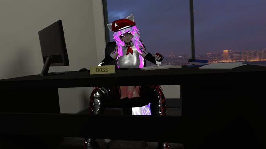 angry_expression boss collar desk disapproval fox_ears fox_tail futanari job office office_chair office_desk silver_hair silver_haired_futa vrchat vrchat_avatar vrchat_model