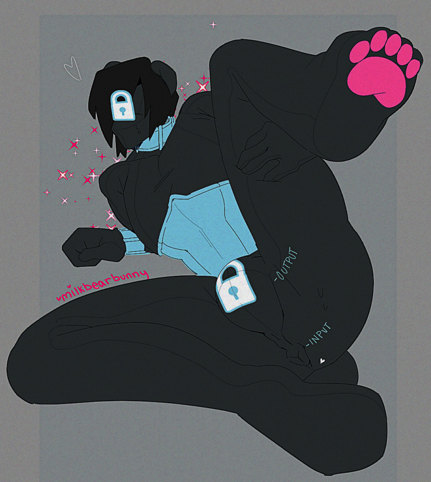 anthro anus bear black_body black_hair bulge clothing collar corset dolly_(milkbearbunny) drone dronesuit featureless_face grey_background hair hi_res lingerie living_sex_doll lock_bulge lock_symbol lying male mammal milkbearbunny null null_bulge on_side pawpads pink_pawpads presenting simple_background solo topwear