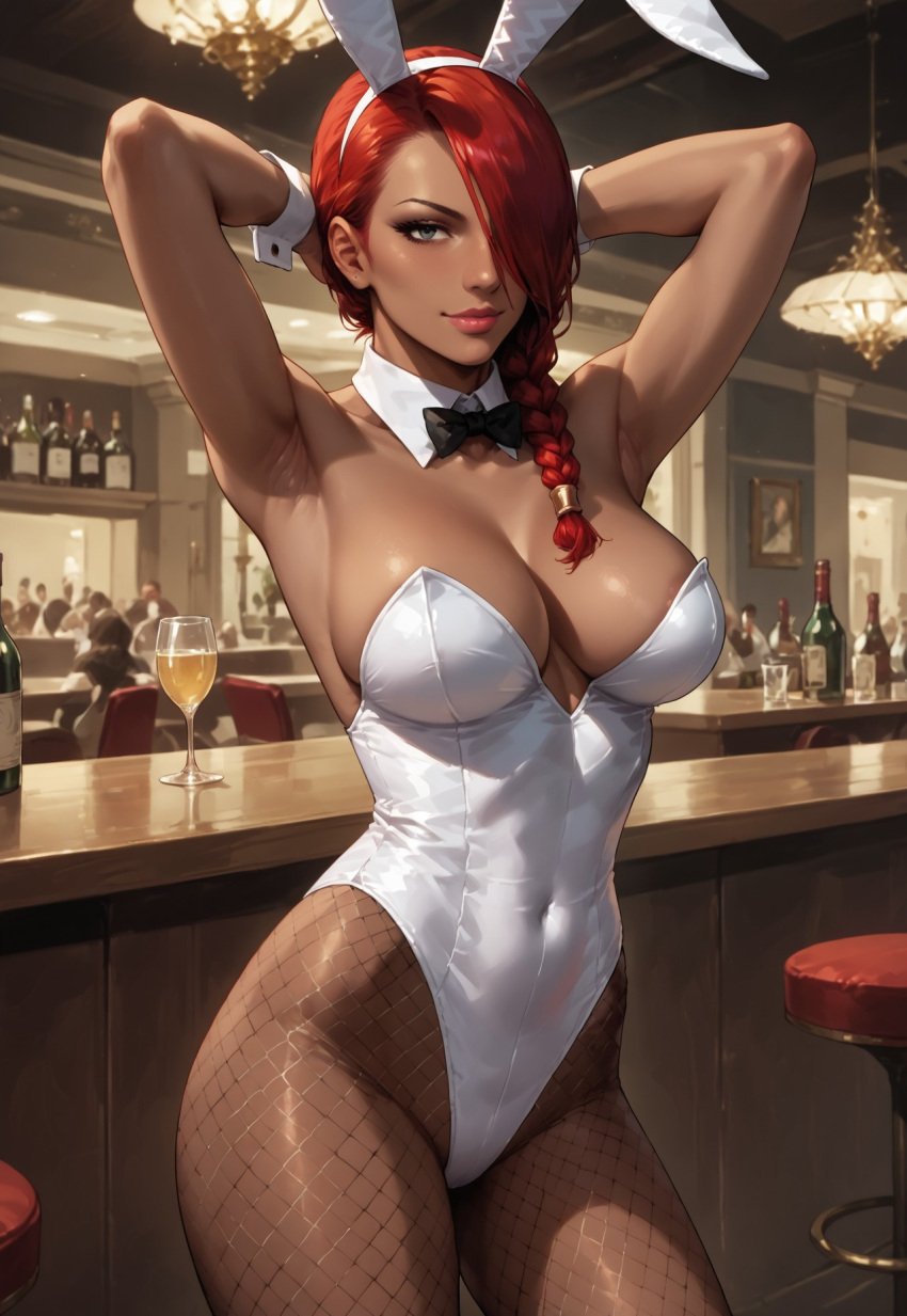 ai_generated armpit_fetish armpits arms_up bar blue_eyes braid breasts bunny_ears bunnysuit dark-skinned_female dark_skin demon demon_girl devil_may_cry devil_may_cry_2 female female_only hair_over_one_eye lucia_(devil_may_cry) medium_breasts red_hair seductive seductive_look seductive_smile thighs