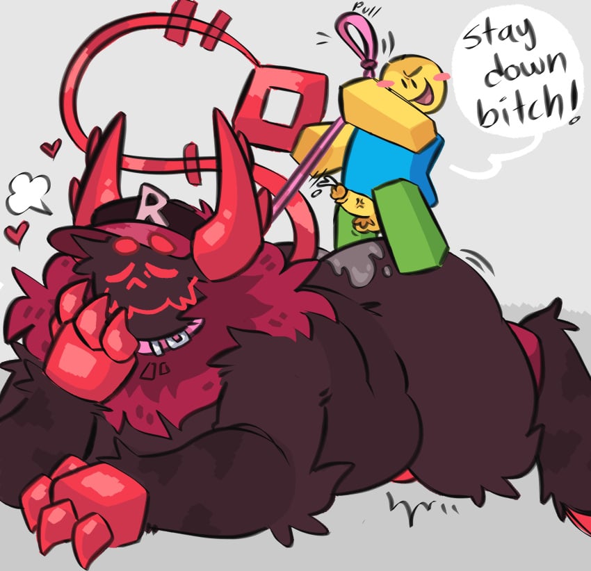 absurd_res ass balls belly big_belly blocky_body blush bodily_fluids claws clothing collar cum degradation demon digitigrade duo english_text erection forsaken_(roblox) fur genital_fluids genitals guest_666 guest_666_(forsaken) hat headgear headwear hi_res hooves humanoid koi_567 leash leashed_collar male male/male male_penetrating mammal neck_tuft noob_(roblox) open_mouth penetration penis roblox robloxian simple_background size_difference small_dom_big_sub smaller_male submissive tail text tuft
