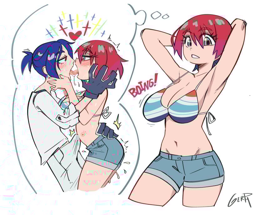 1boy absurdres amate_yuzuriha bikini bikini_top_only blue_hair breasts bulge denim denim_shorts french_kiss gerph gquuuuuux gundam gundam_gquuuuuux highres imagining kissing large_breasts looking_at_another multicolored_hair precum shirt short_hair shorts shuji_ito swimsuit