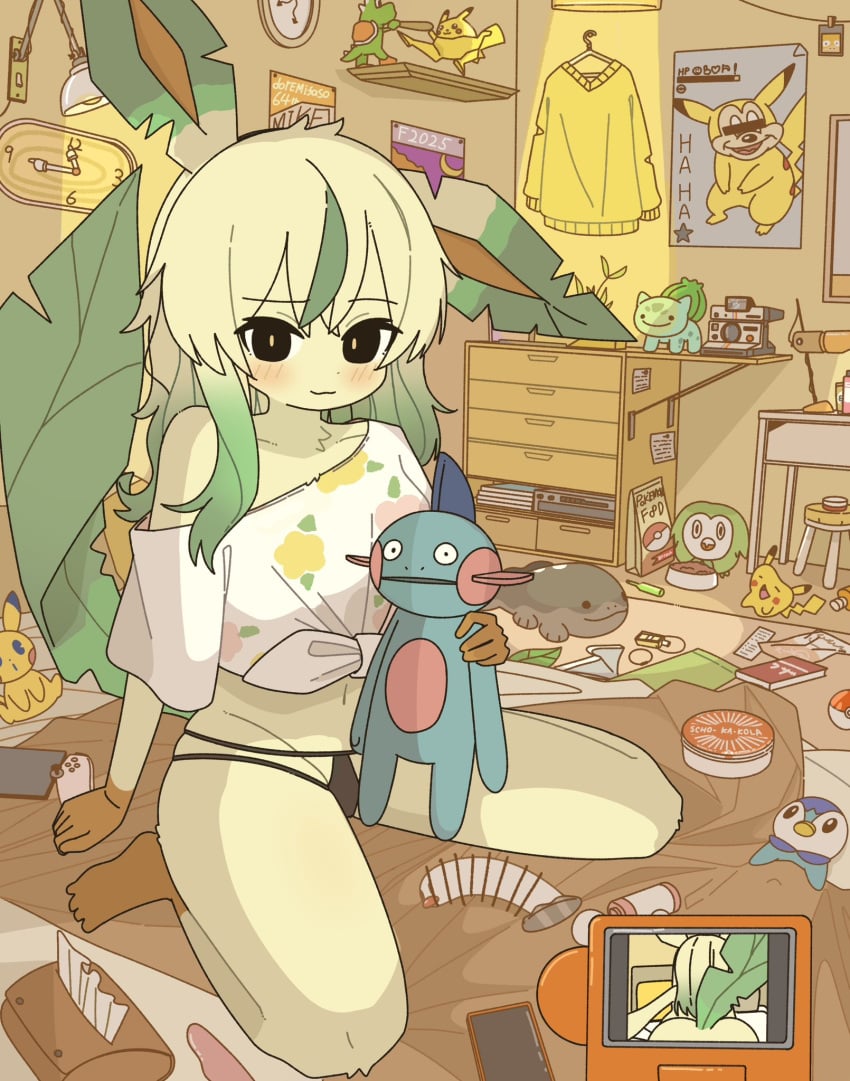 bedroom black_clothing black_panties black_underwear blush blush_lines censor_bar clothed clothing crop_top detailed_background dildo doremifaso64 eeveelution from_behind_position generation_1_pokemon generation_4_pokemon hair hi_res inside leaf leaf_tail leafeon looking_at_viewer mario_(series) messy_room multicolored_ears multicolored_hair nintendo off_shoulder panties pikachu piplup pokeball pokedex pokemon pokemon_(species) pokemorph ruined_reputation sex sex_toy shirt solo super_smash_bros. tail tissue_box topwear two_tone_ears two_tone_hair underwear yoshi