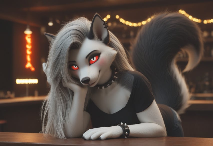 ai_generated anthro anthropomorphic bar beautiful bending_forward bending_over_desk big_breasts female fluffy_tail fur furry furry_only helluva_boss in_heat looking_at_viewer loona_(helluva_boss) nightclub noticing red_eyes seducing_viewer seductive seductive_look seductive_smile sexy sexy_body sexy_pose smiling_at_viewer voluptuous wolf wolf_girl
