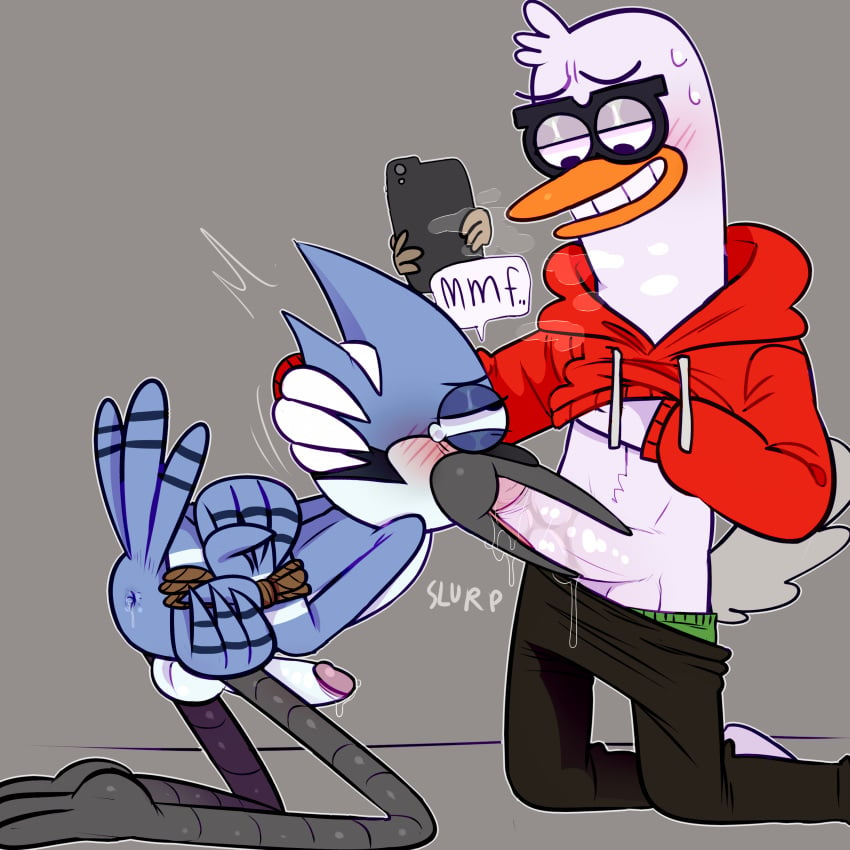 anthro anus avian balls bird blue_jay blush bondage bound cartoon_network clothed clothing corvid domination duo erection faggotrat fellatio gay hand_on_head hands_behind_back humanoid_penis jeremy_(regular_show) kneeling male male_only mordecai_(regular_show) oral pants_down partially_clothed penis phone precum regular_show saliva sex smile sweat tears yaoi