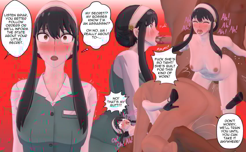 1girl 2boys anal anal_sex black_hair blackmail blowjob dark-skinned_male doggy_style dominica9 double_penetration hairbun heels high_heels long_hair looking_up male nonconsensual office_lady raped secret sex spy_x_family standing tears yor_briar