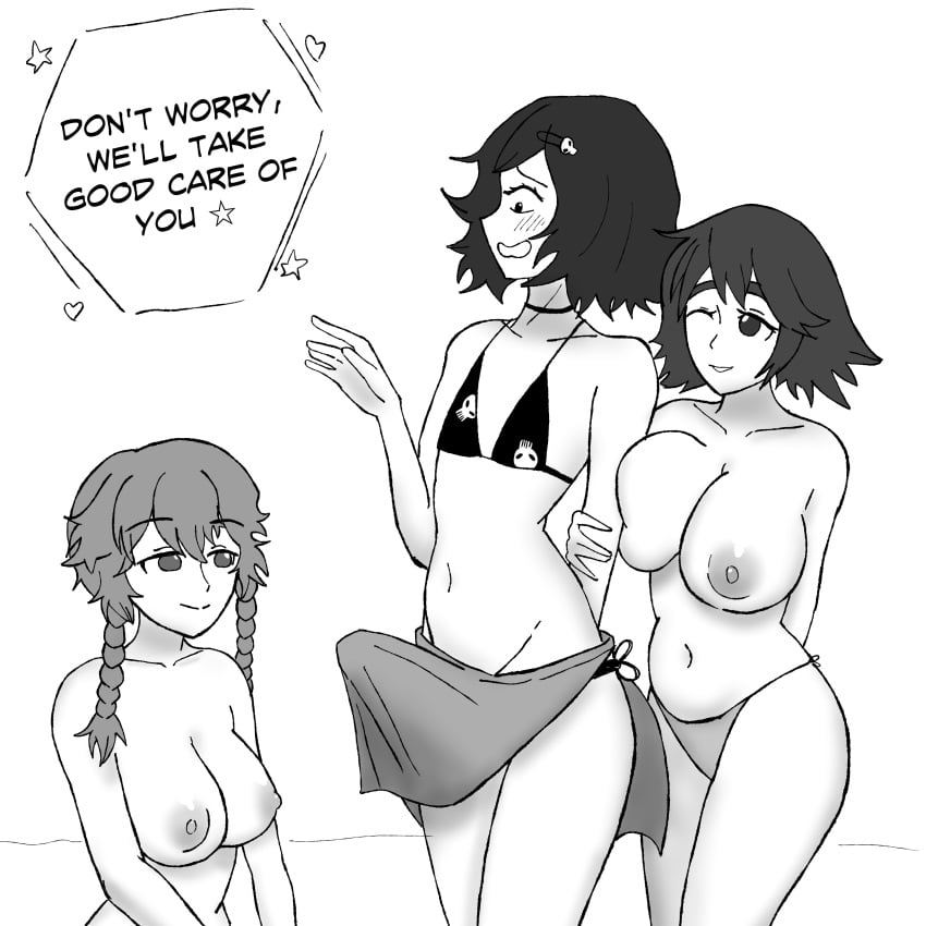 1boy 2girls 2girls1boy amane_suzuha beach big_breasts boner braid embarrassed femboy lost_clothes shiina_mayuri short_hair steins;gate tent urushibara_ruka v0idreef