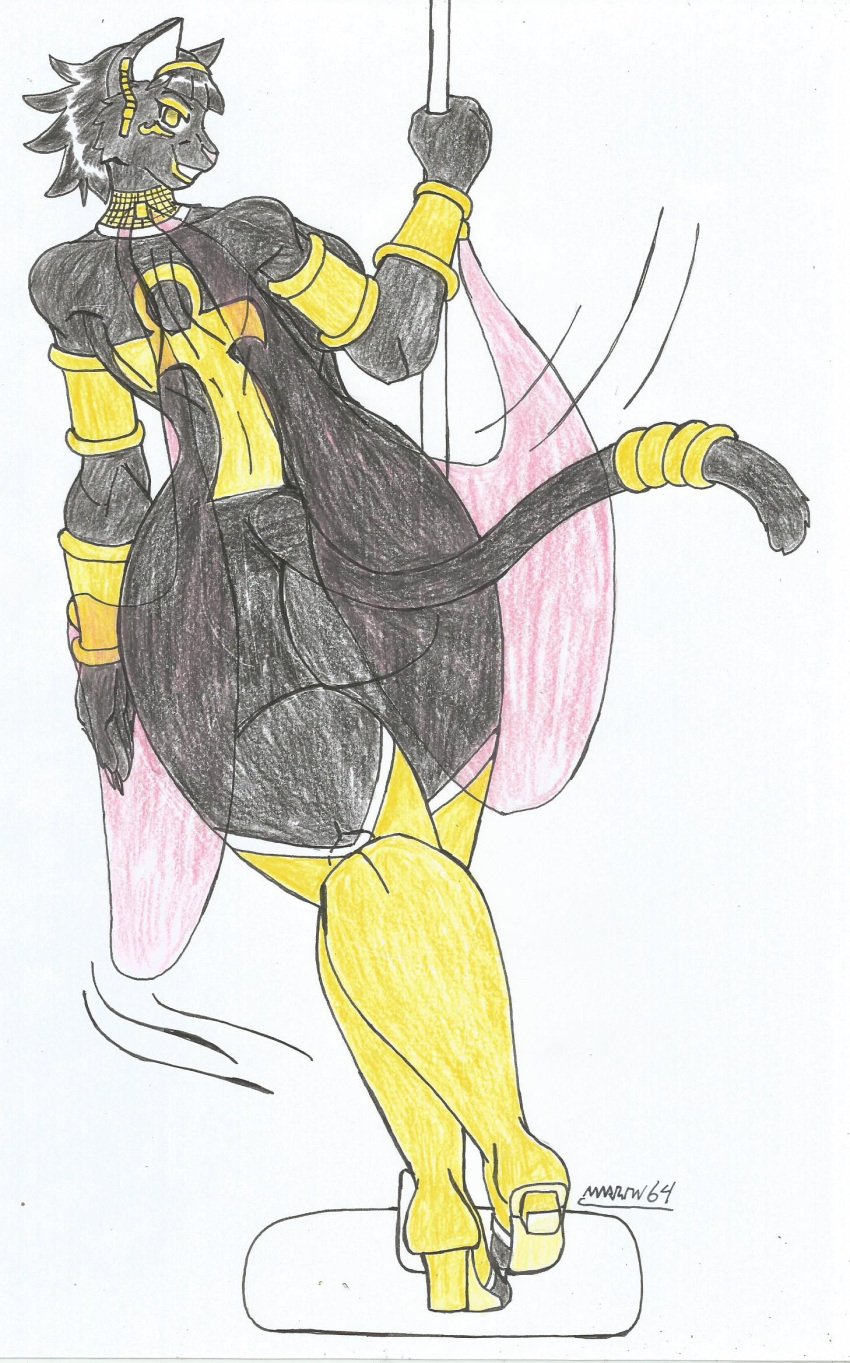akana_ra ankha anklehighs anklet anthro big_ass big_butt black_body black_fur black_hair bracelets catgirl choker earrings empty_eyes furry gold_(metal) gold_eyes gold_eyeshadow gold_jewelry gold_lipstick hairbow high_heel_boots long_boots looking_back_at_viewer marlon64 naked_boots naked_female naked_jewelry pole_dancer pole_dancing seductive_look seductive_smile short_hair_female sideboob smiling_at_viewer soles tattoo_on_back traditional_drawing_(artwork) veil waifuland white_background