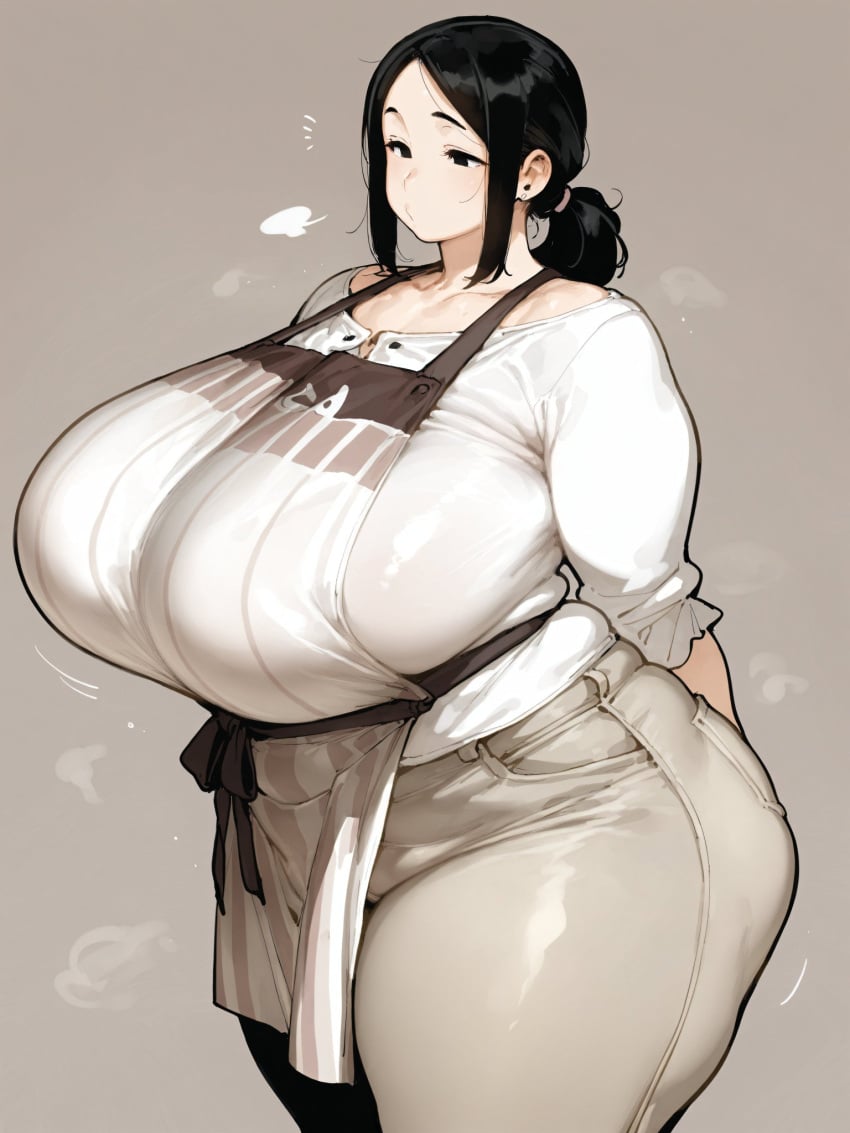 ai_generated apron bare_thighs black_eyes black_hair breasts_bigger_than_head gigantic_breasts huge_breasts huge_thighs jean_shorts light-skinned_female light_skin massive_breasts mature_female milf mommy oatmealdood oiled_body oiled_skin original ponytail solo_female squatting sweat sweatdrop thick_body thick_female thick_thighs thighs voluptuous voluptuous_female