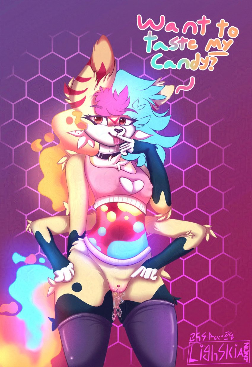 4_arms absurd_res anthro arthropod bodily_fluids breasts canid canid_demon canine clothed clothing crop_top demon dialogue digital_media_(artwork) dripping female footwear fox fur genital_fluids genitals glowing glowing_body glowing_genitalia hair hellhound helluva_boss hi_res hybrid insects lamp lava lava_lamp legwear licking lighskia looking_at_viewer mammal multi_arm multi_limb mythological_canine mythological_creature mythology nude partially_clothed pussy queen_bee-lzebub_(helluva_boss) shirt simple_background socks solo stockings tail tail_tuft teasing text thigh_gap thigh_highs thigh_socks tongue tongue_out topwear tuft