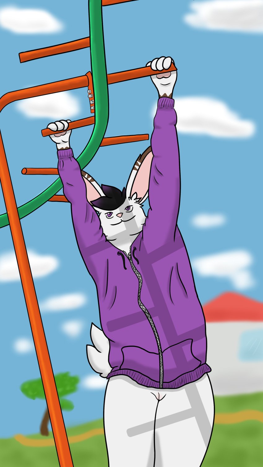 4k 9:16 absurd_res accident accidental_exposure anthro black_hair bottomless brown_markings casual_exposure clinging clothed clothing female flat_chested fur genitals hair hanging_by_arms hi_res highlights_(coloring) hoodie hoodie_only lagomorph legs_together leporid lynn_(schattenflamme) mammal markings monkey_bars outside playground purple_eyes purple_highlights pussy rabbit schattenflamme scut_tail short_tail solo tail topwear topwear_only white_body white_fur zipper
