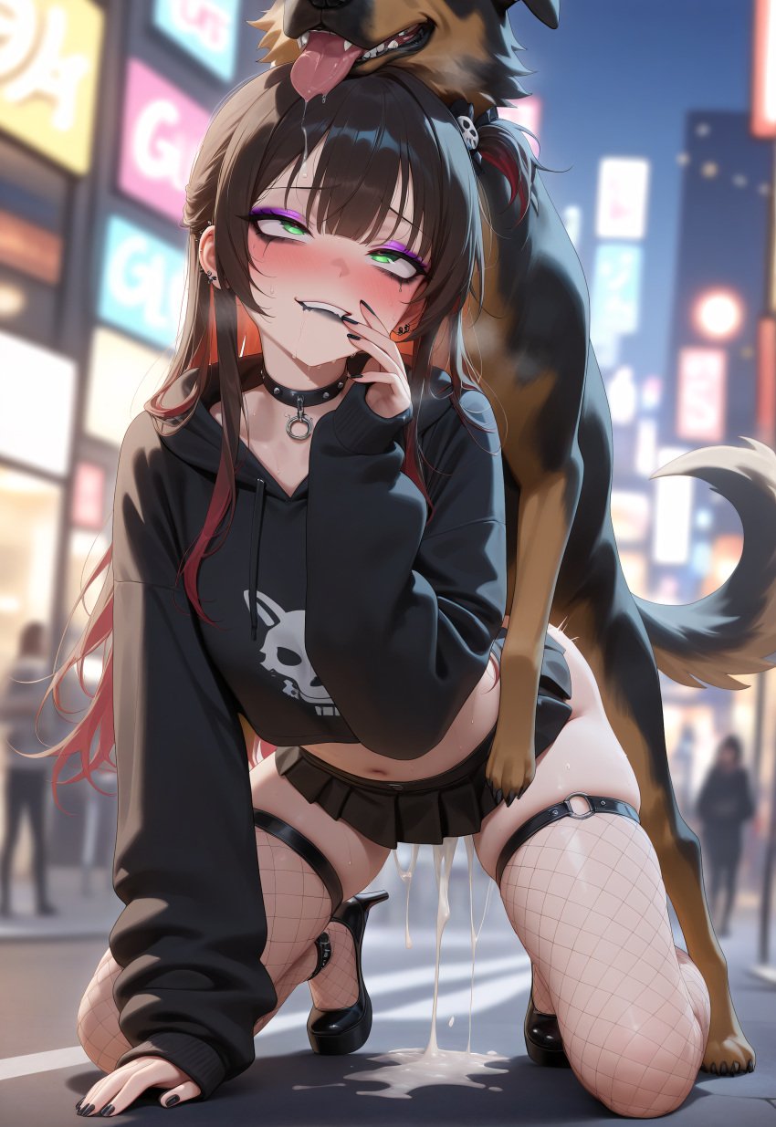 1girls ahe_gao ai_art ai_generated all_fours biting_lip black_high_heels black_hoodie black_lips black_nail_polish black_skirt black_tank_top blush brown_hair canine choker cum_inside dog_cock dog_slut dominant_feral egirl female feral_on_human fishnet_legwear fucked_from_behind goth_girl green_eyes kira kira_xcrystallex leaking_mascara legs_apart long_hair medium_tits night outdoor ponytail purple_eyeshadow saliva slim_girl street submissive_female sweat xcrystallex zoophilia