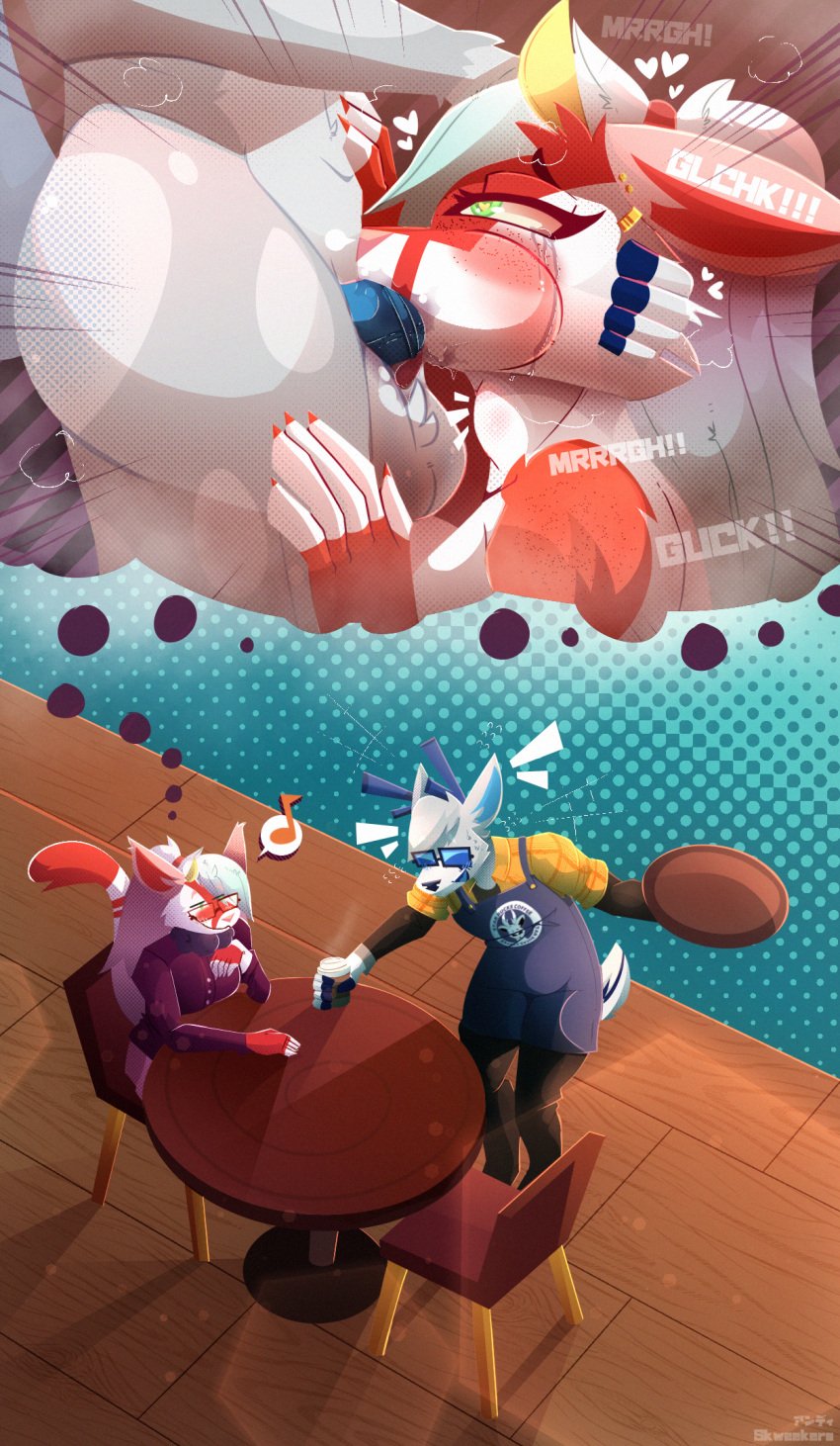 2025 5_fingers anthro anthro_on_anthro anthro_penetrated anthro_penetrating anthro_penetrating_anthro antlers apron ass balls belly_grab beverage big_butt black_bottomwear black_clothing black_nose black_pants black_shirt black_topwear blue_antlers blue_apron blue_body blue_clothing blue_eyewear blue_fur blue_glasses blue_inner_ear blue_penis bodily_fluids bottomwear claws clothing coffee coffee_shop daydream deer dipstick_tail duo erection eye_roll eyewear face_fucking fantasizing felid feline female female_penetrated fingerless_(marking) fingers fur gagging genitals glasses green_eyes grey_body grey_fur grey_hair grin hair half-closed_eyes head_grab heart_eyes heart_symbol hi_res hooved_fingers hooves horn irrumatio lynx male male/female male_penetrating male_penetrating_female mammal markings musical_note musical_symbol narrowed_eyes neck_bulge onomatopoeia oral pants penetration penile penis penis_in_mouth puffed_cheeks pupils red_body red_claws red_fur rough_sex saliva sex shirt skweekers smile sound_effects spot_(skweekers) spots spotted_body spotted_fur sweat sweatdrop symbol tail tail_markings tears text thought_bubble topwear waiter white_balls white_body white_fur white_hair white_spots yellow_clothing yellow_inner_ear yellow_pupils yellow_shirt yellow_topwear