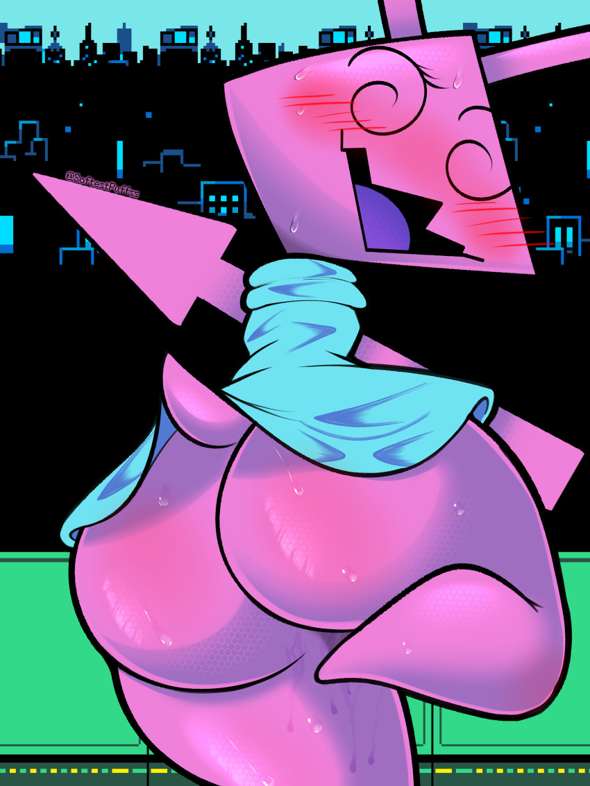 2021 absurd_res ambiguous_gender ass big_butt blue_clothing blue_dress blush bodily_fluids bottom_heavy clothing darkner deltarune dress female hi_res huge_butt huge_thighs humanoid looking_at_viewer looking_back low-angle_view on_one_leg pink_body purple_tongue raised_leg softestpuffss solo spiral_eyes standing sweat thick_thighs tongue undertale_(series) video_games virovirokun