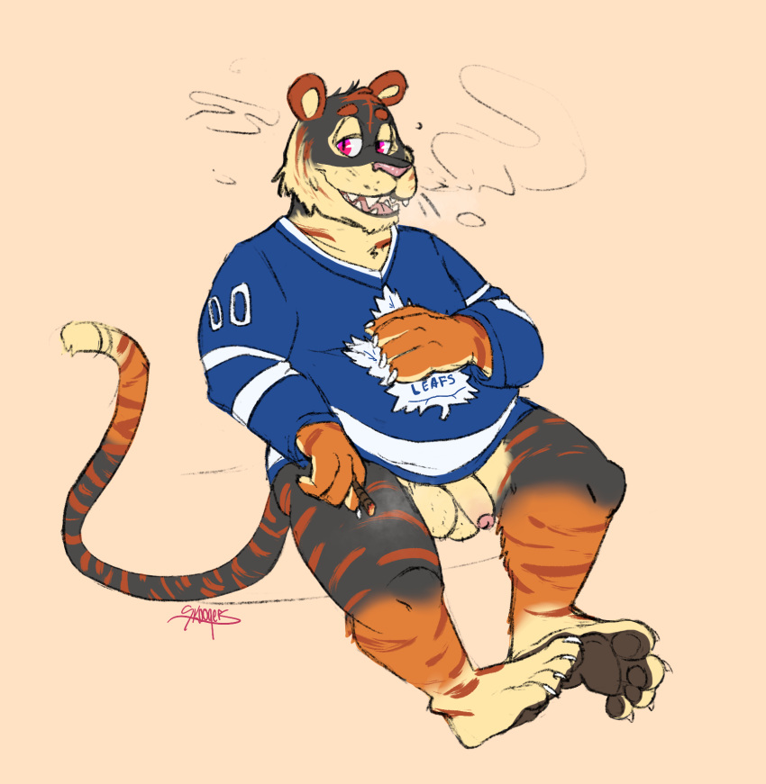 anthro balls chubby_male clothed clothing drugs felid fur genitals hi_res hockey_jersey humanoid_genitalia humanoid_penis jersey male mammal marijuana max_the_tiger nhl nude open_mouth pantherine paws penis simple_background skoogers slightly_chubby smile smoking smoking_weed solo stripes thick_thighs tiger toronto_maple_leafs