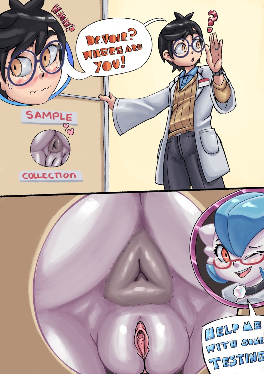 anthro anus close-up dr._voir english_text gardevoir generation_3_pokemon glory_hole labcoat mddnaz nanosheep panels pokémon_(species) pokemon pokemon_(species) presenting_hindquarters pussy round_glasses triangular_anus wall