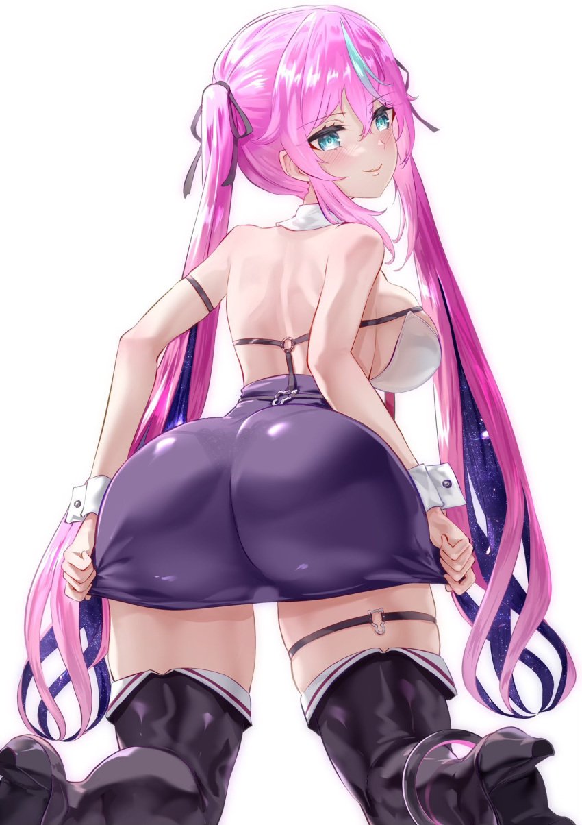 ass bubble_butt clothed_female dat_ass female female_only hoshina_rulia indie_virtual_youtuber kneeling looking_at_viewer looking_back pantylines pink_hair solo solo_female tight_clothing twintails uenoryoma virtual_youtuber