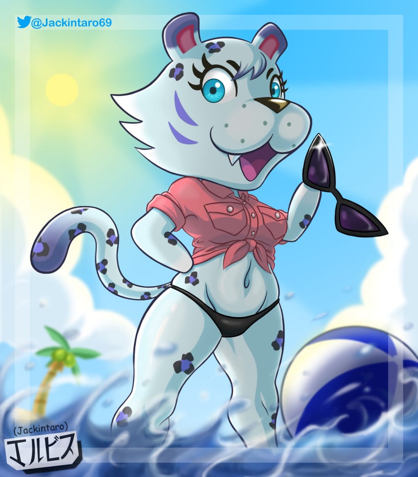 2022 animal_crossing anthro ball beach bianca_(animal_crossing) bikini black_nose blue_eyes digital_media_(artwork) fanart female female_only fur furry jackintaro looking_at_viewer nintendo oerba_yun_fang palm_tree sea shirt sky summer sun sunglasses tiger tiger_girl topwear water white_body white_fur