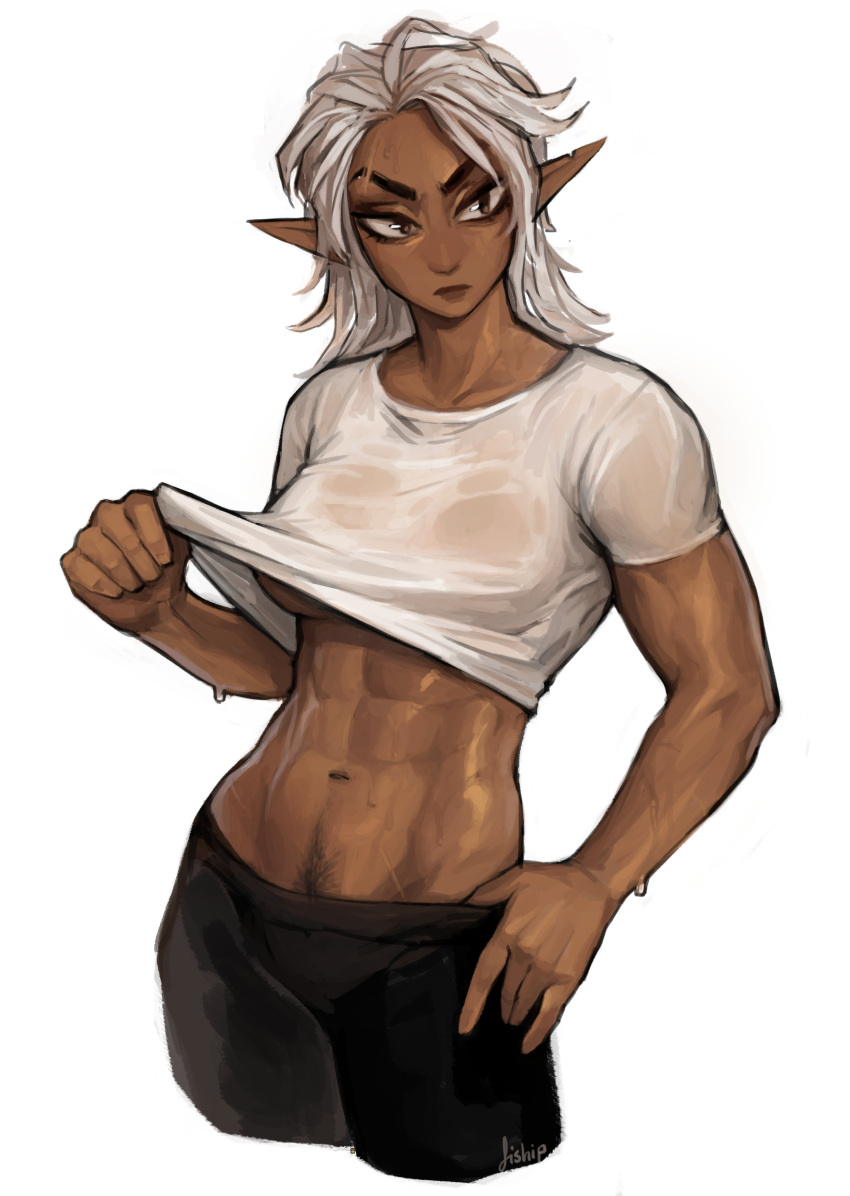 1girls abs breasts dark_skin eyebrow_scar fiship olivia_(matilda_fiship) pointy_ears pubes pubic_hair_peek shirt_lift standing sweating underboob white_background white_hair