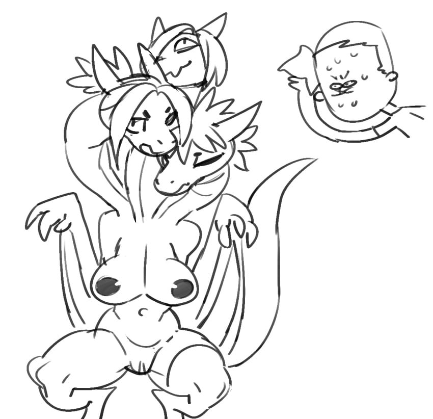 3_heads anthro bodily_fluids breasts crouching dragon duo female genitals hair human hydra jijis-waifus mammal monochrome multi_head non-mammal_breasts nude pussy scalie simple_background sweat tagme white_background